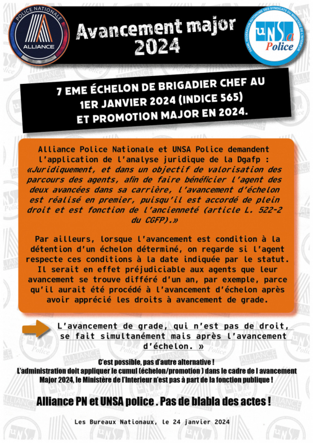 7 ème échelon de brigadier-chef au 1ᵉʳ janvier 2024 (indice 565) et promotion major en 2024