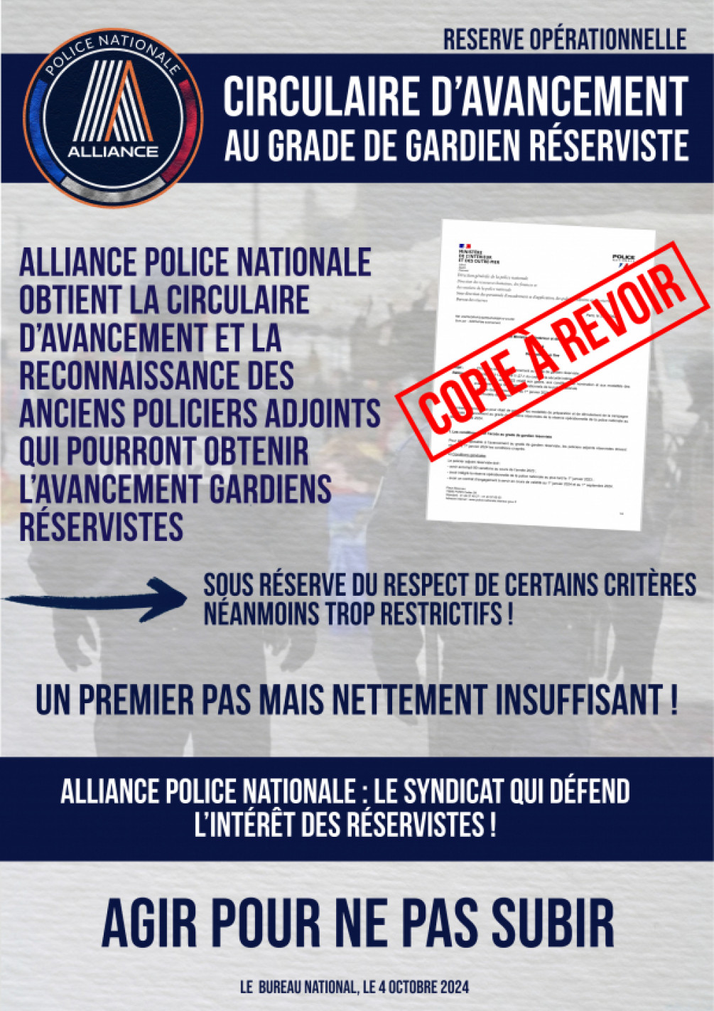 RESERVE OPERATIONNELLE : CIRCULAIRE D'AVANCEMENT