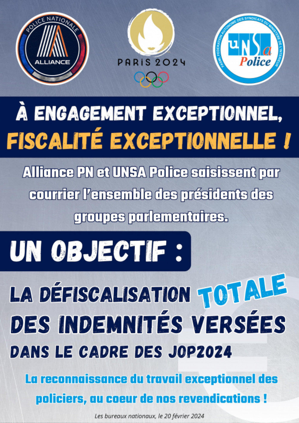 À ENGAGEMENT EXCEPTIONNEL, FISCALITÉ EXCEPTIONNELLE ! Alliance PN et UNSA Police saisissent par courrier l'ensemble des présidents des groupes parlementaires