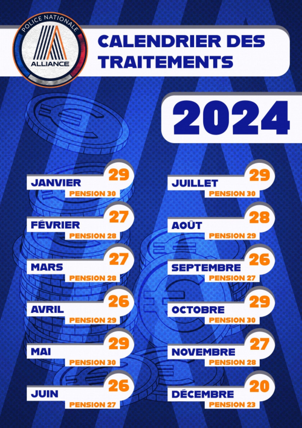 Calendrier des traitements (et pensions) 2024