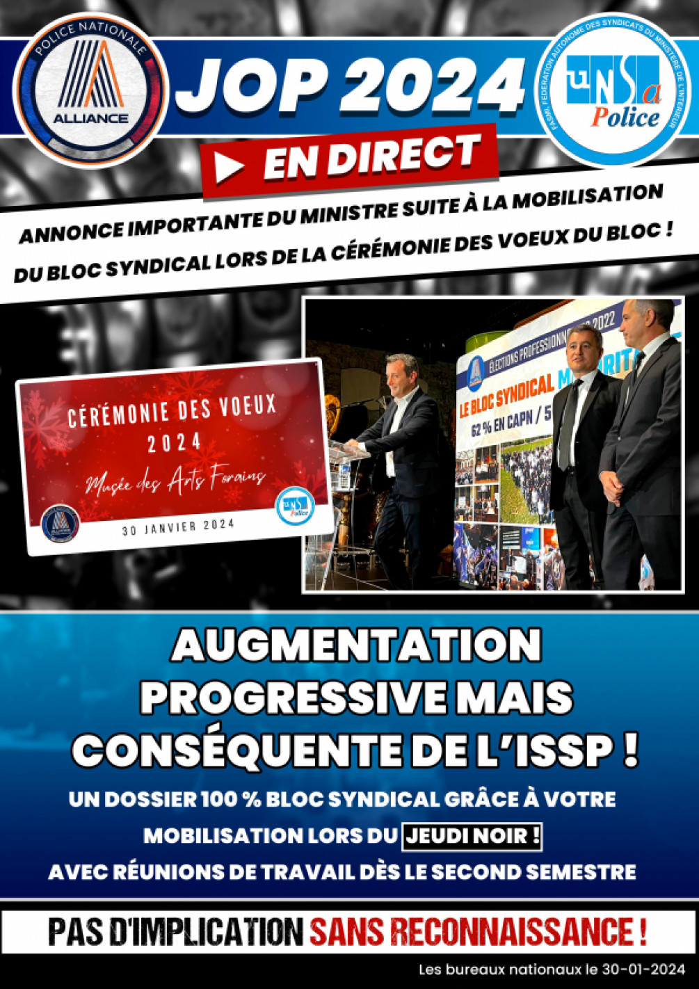 ANNONCE IMPORTANTE DU MINISTRE !! Faisant suite à la mobilisation du bloc syndical, lors de la cérémonie des vœux du bloc ! --- AUGMENTATION PROGRESSIVE MAIS CONSÉQUENTE DE L'ISSP ! ---